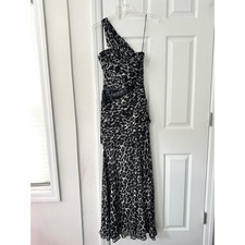 Pinko One Shoulder Grey Leopard Print Open Slit Semi Sheer Long Gown Jewel Waist