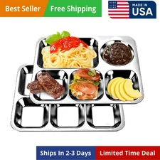 2 Pack Stainless Steel Rectangular Divided Plates Tray, 5 Sections Dinner Plates