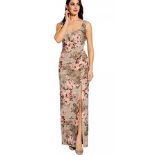 Adrianna Papell Size 6 Metallic Floral Print Column Gown Ruched Elegant