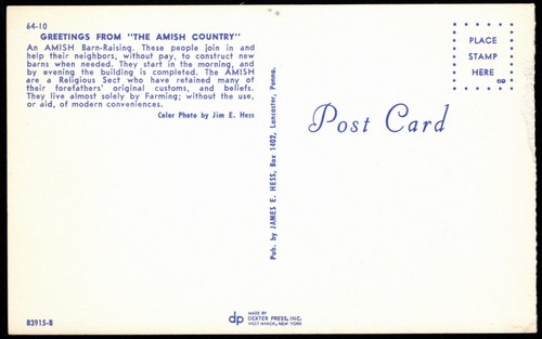 Postcard An Amish Barn-Raising, Neighbors Helping Neighbors, near Lancaster, PA - Picture 2 of 2