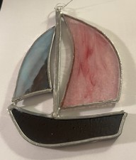 Leaded Stained Glass Sailboat Hanging Sun Catcher Rose Pink Scarlet Red Handmade