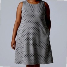Lands End Dress 24W Grey Black Polka Dot Sleeveless Pockets thick evening