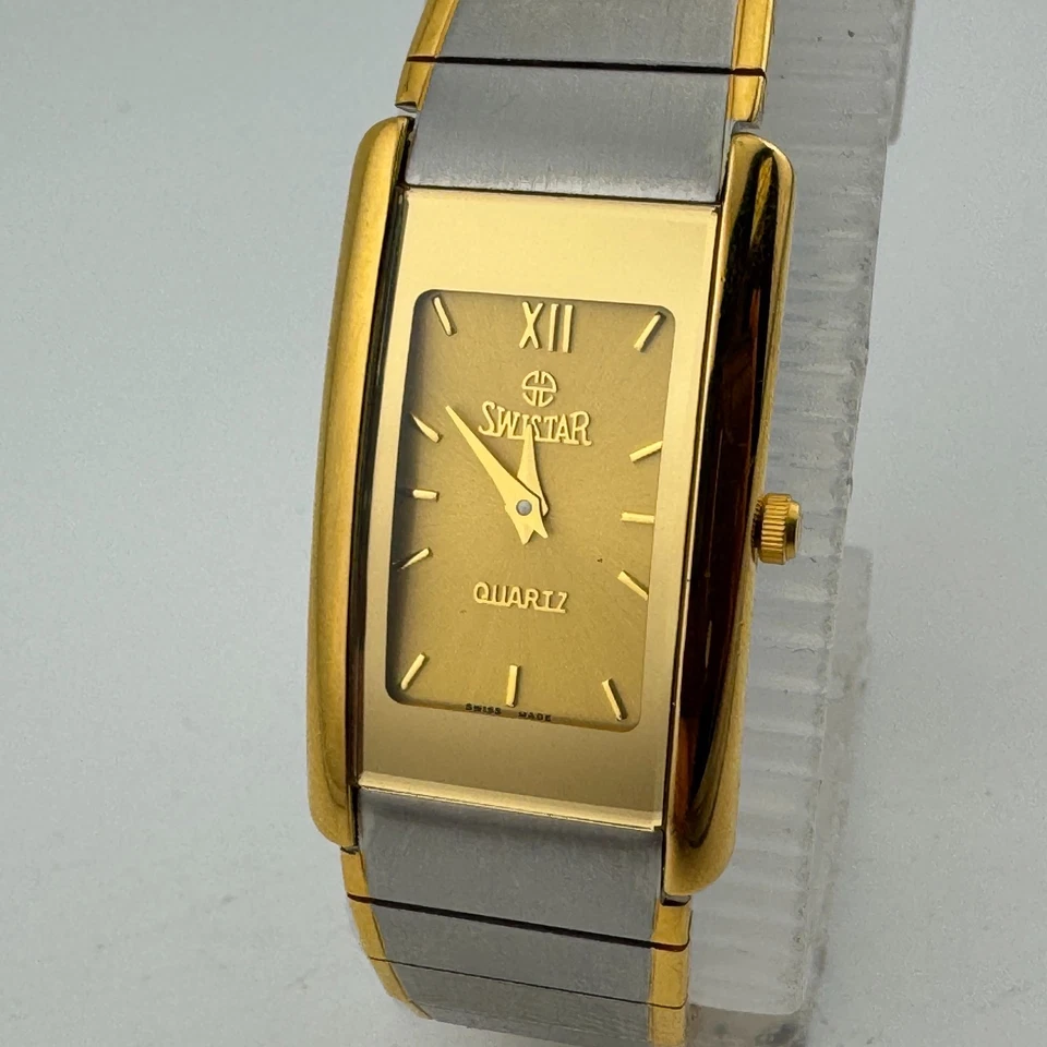 Reloj Swistar Suizo Cuarzo Mujer Chapado en Oro 23k Rectángulo Batería Nueva 7.25" Foto 2 de 4