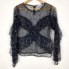 Whimsigoth Fairy Grunge Sheer Blouse, Size L. Black Silver Gold Dots Ethereal