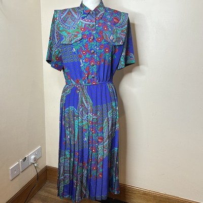 Vintage 80er Leslie Fay Hemdblusenkleid UK 10 blau Kragen Midi Paisley Tee Kleid Retro 