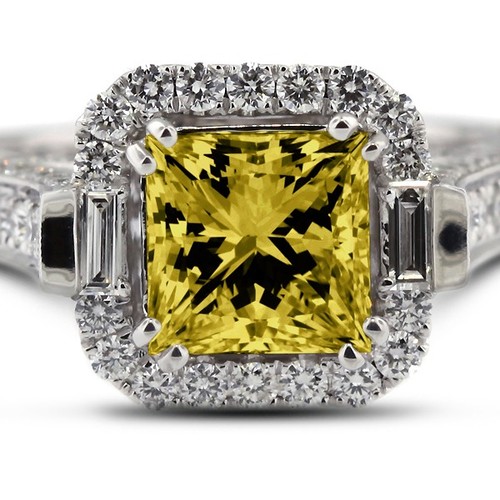 2.81ct Yellow VS2 Princess Natural Certified Diamonds 18k Halo Side Stone Ring - Picture 4 of 11