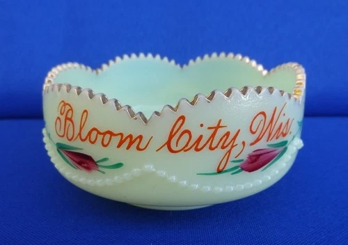 HEISEY EAPG Uranium UG Custard Glass Berry Bowl - Souvenir BLOOM CITY Wisconsin