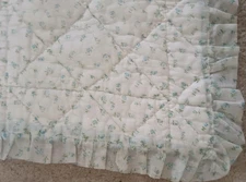 Vintage Baby Quilt White Blue Flowers/Solid Blue Ruffle Shabby Cottage 33" X 48"