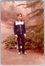 Vtg Color Snapshot Man Navy Blue Striped Tracksuit Sneakers Outdoors Park 1970s