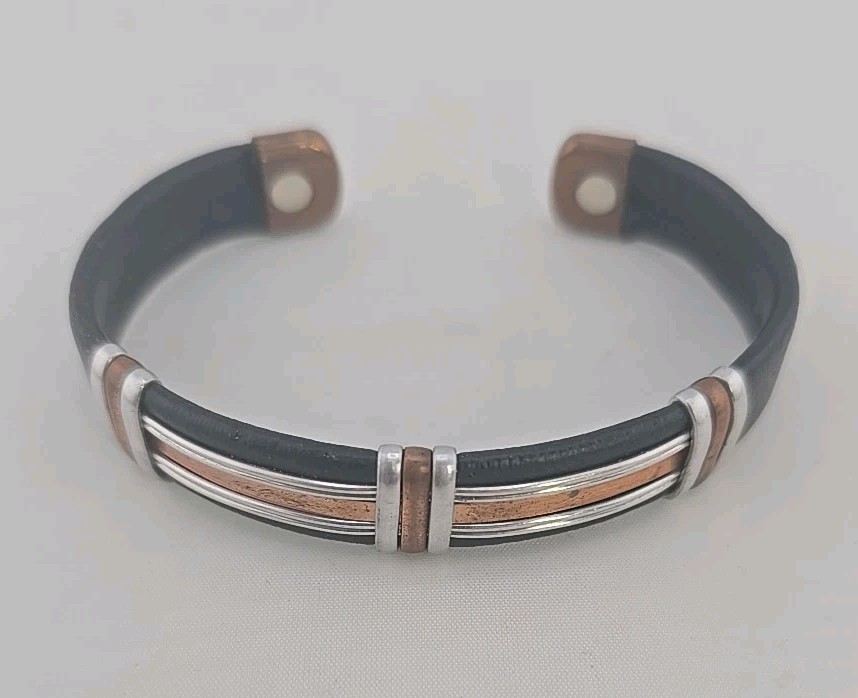 Solid Copper Leather Wrapped Magnetic Bracelet Me… - image 2