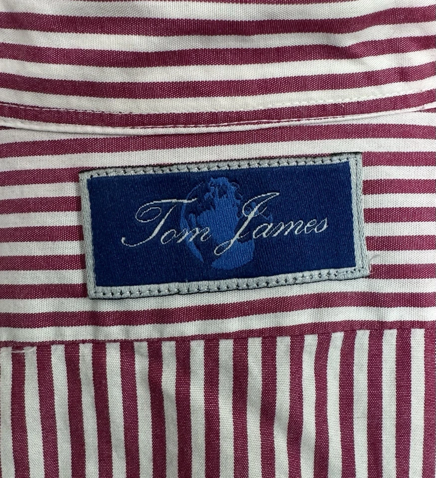 Camisa de vestir Tom James para hombre roja blanca a rayas de algodón talla 16 informal de negocios Foto 3 de 4