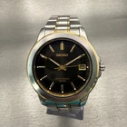 Seiko Watch Men 38mm Black Dial Two Tone Date Round V742-8119 New Battery VTG