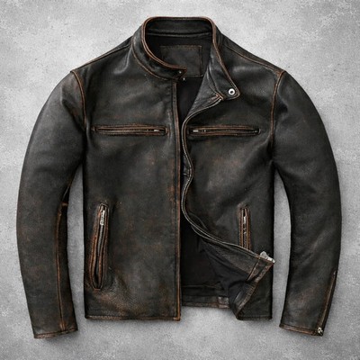 Mens Motorcycle Biker Cafe Racer Vintage Distressed Black Real Leather Jacket