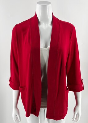 Rafaella Open Front Top Size Small Red Solid Cotton Roll Tab Sleeve Womens