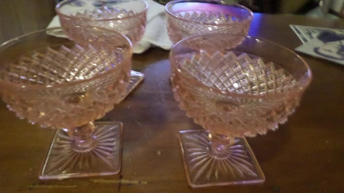 Imperial Diamond pink Depression glass desert stim square bottom  bowls lot of 4