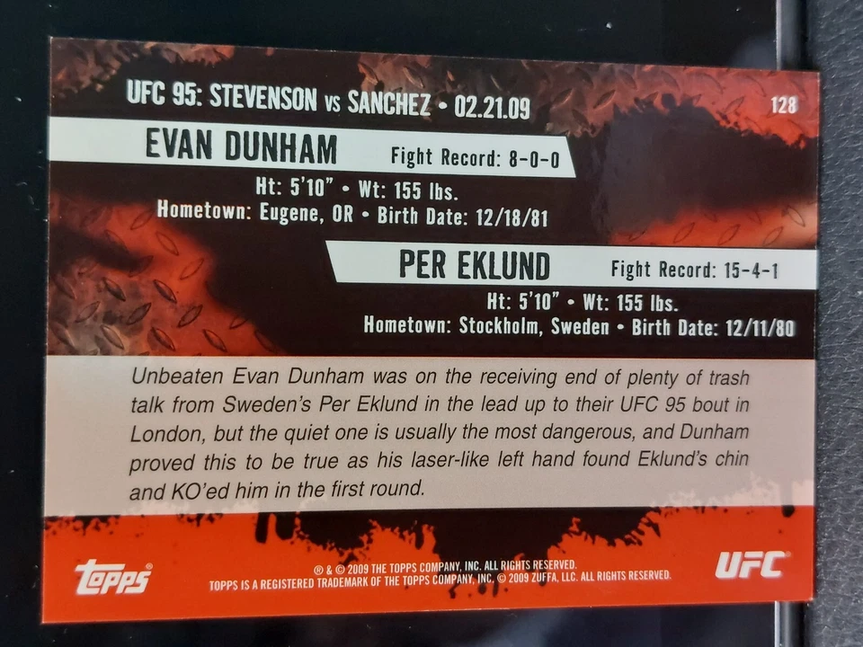 Evan Dunham Per Eklund #128 2009 Topps UFC Round 2 Thick Gold Parallel - Image 2 of 2