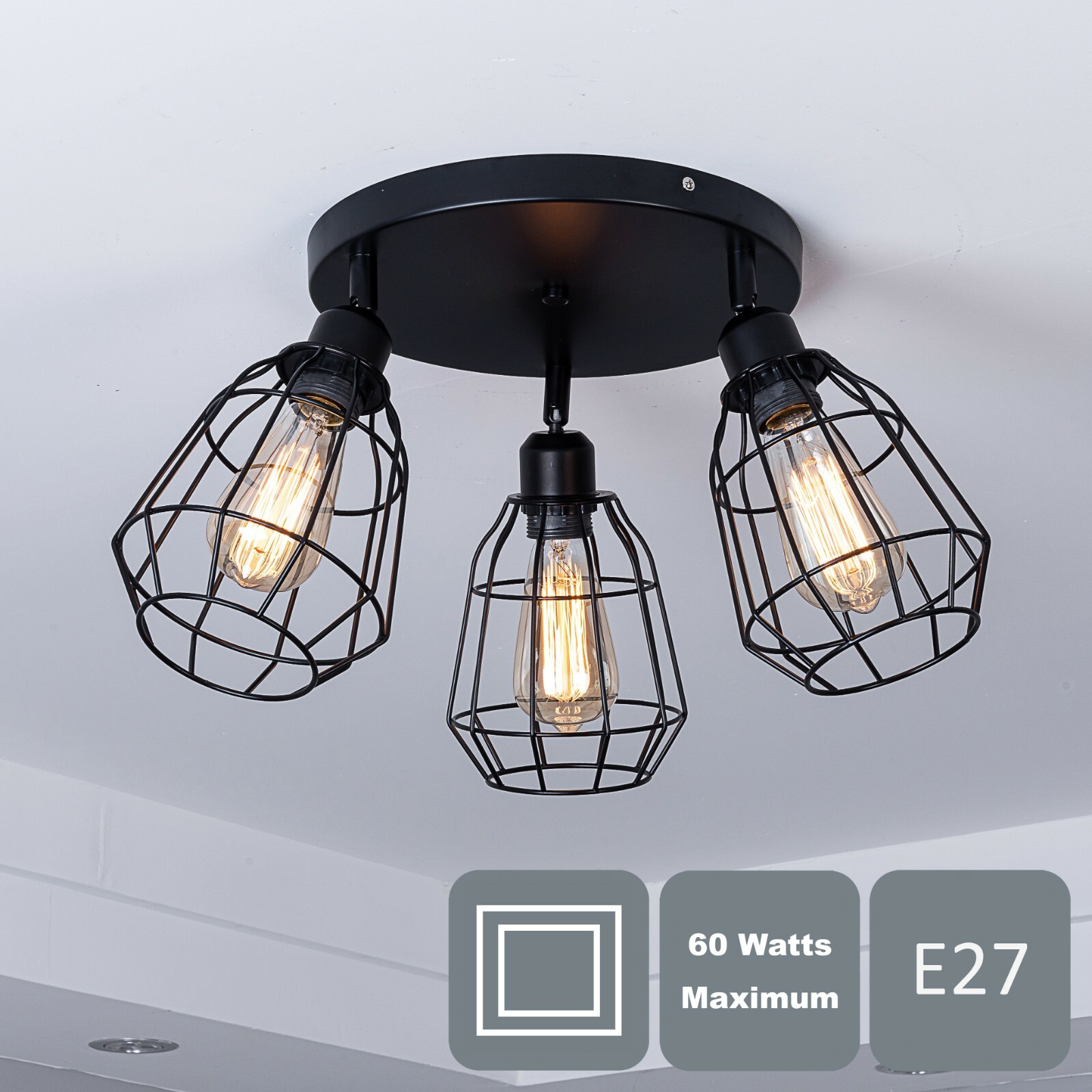Caged Ceiling Light, 3 Lights, Black Vintage Finish, LED Compatible,  E27 Cap