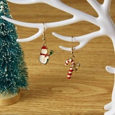 Cute Yellow Gold Enamel Christmas Snowman & Candy Cane Hook Dangle Drop Earrings