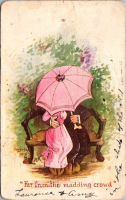 FAR FROM THE MADDING CROWD Kissing Couple under Umbrella c1906 UDB Postcard