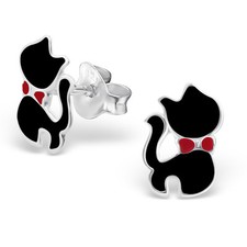 925 Sterling Silver Black Cat Kitten Red Bow Kids Girls Women Stud Earrings Gift