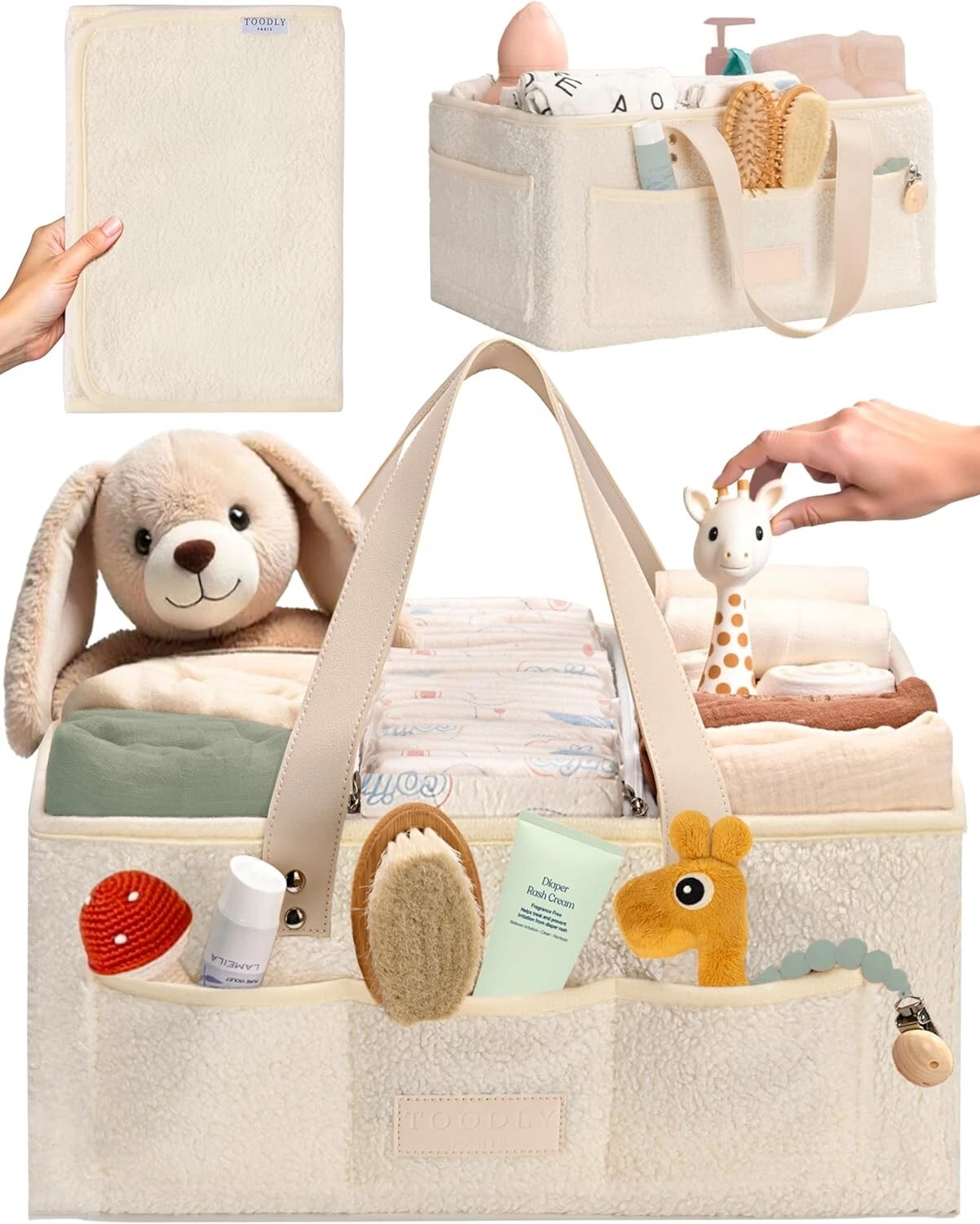 Baby Diaper Caddy Organizer with Portable Changing Mat - Teddy Fleece Beige