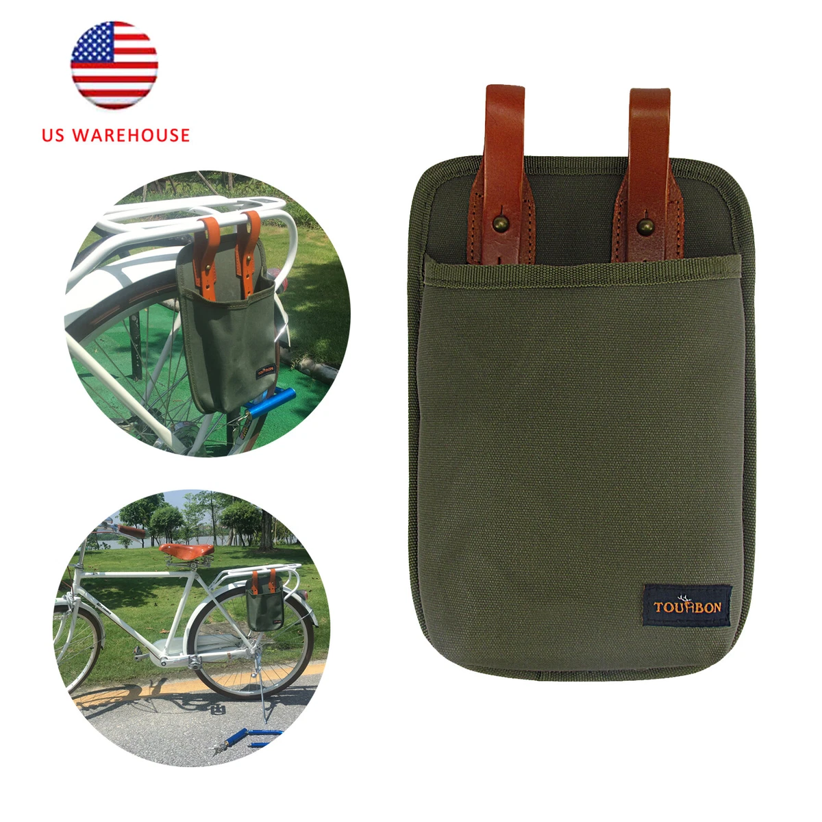 TOURBON Canvas Leather Bike Tool Storage Pannier for Bicycle U Lock Holder Bag
