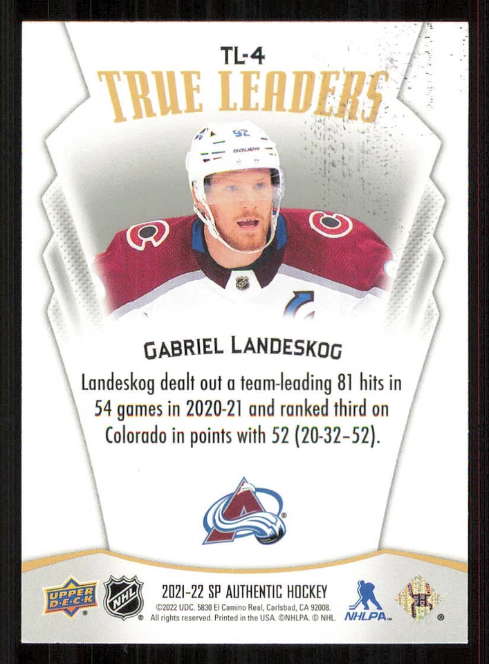 2021-22 SP Authentic True Leaders #TL4 Gabriel Landeskog - Image 2 of 2