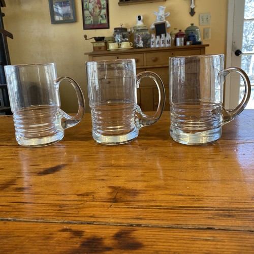 Set Of 3 Vintage Tarnow Clear Mugs Poland 6" Tall 3.25" Diameter Glass VGUC