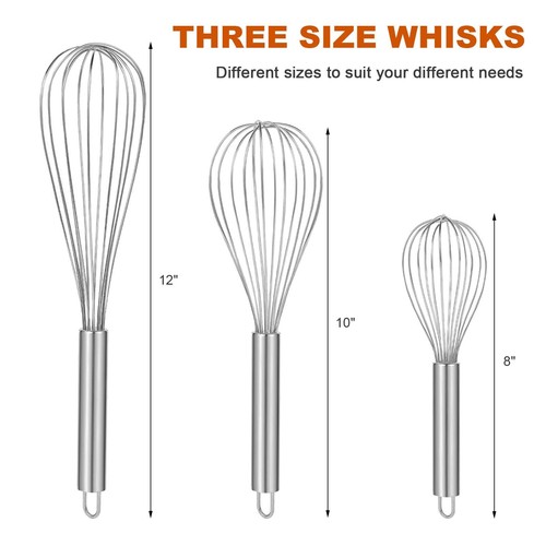 3 Pack Stainless Steel Whisk Set for Cooking Whisking Blending, 8/10/12 Inch - Picture 7 of 7