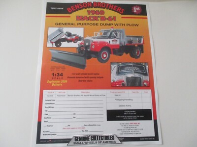  First Gear 1960 MACK B-61 GENERAL PURPOSE DUMP+PLOW FULL COLOR ORDER FORM 