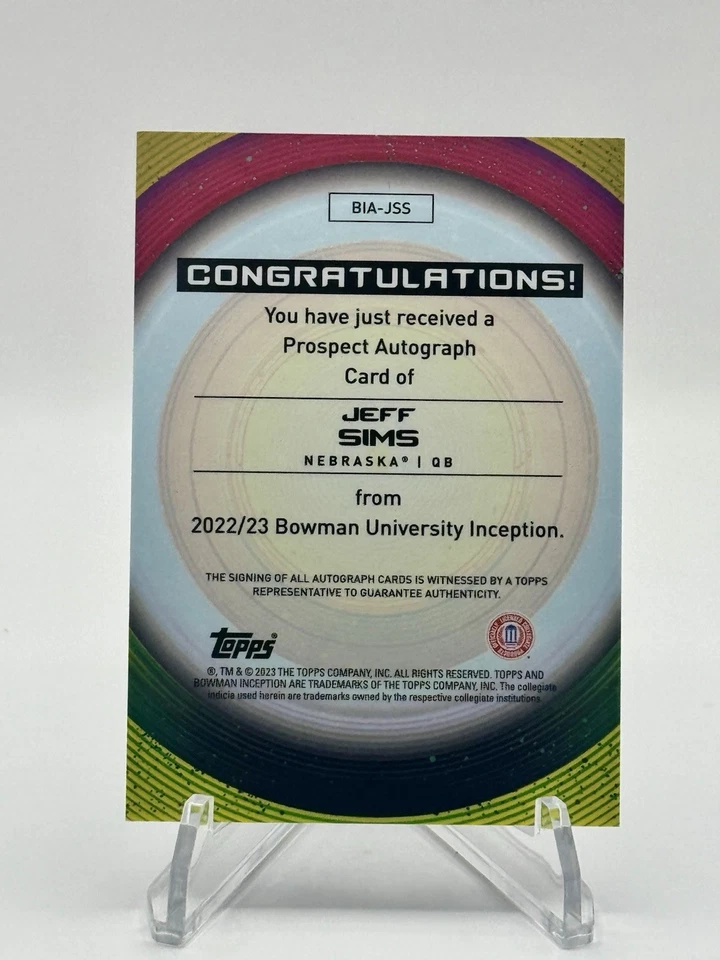 2023 Bowman Inception Jeff Sims Auto – Nebraska QB – Prospect Autograph! - Image 2 of 2