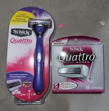 Schick Quattro Women 1 Purple Razor Handle + 10 Razor Blade Refill Cartridges