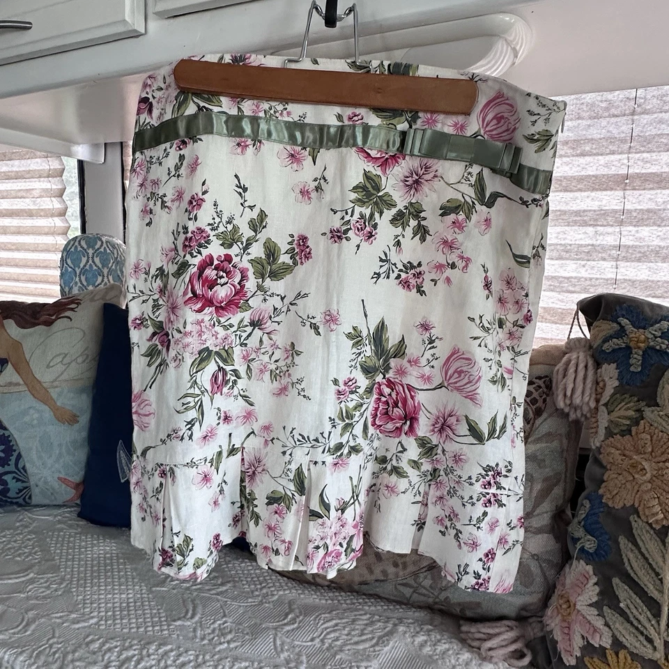 Falda De Colección ARDEN B. Lino Talla 10 Blanca Floral Cremallera Lateral Hasta la Rodilla Dobladillo Plisado Foto 3 de 4