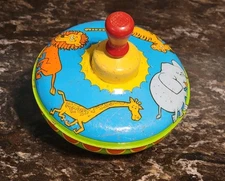 Vintage 1960's Ohio Art Metal Spinning Top Toy With Circus Animals - Works!