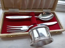 Walker and Hall silver plated napkin ring & Angora christening spoon & fork set.