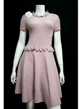 Chanel Flower Trim Embroidery Knit Dress Pink
