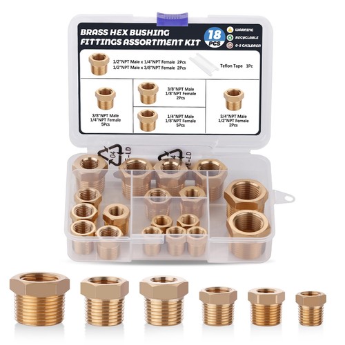 18 PCS Brass Hex Reducer Bushing Fitting Kit NPT Thread Plumbing