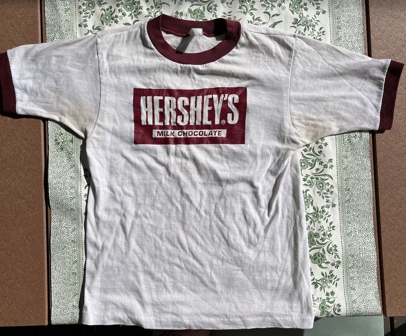 Vintage 80s 90s Kids M L White Maroon Hersheys Chocolate Ringer Tshirt