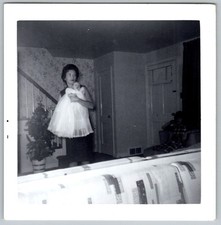 Vtg B&W Snapshot Woman Holding Baby In Long White Christening Gown Interior
