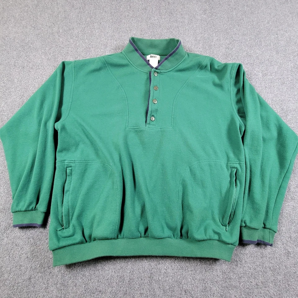 Vintage REI Sweatshirt Mens Large Green Button Henley Mock Neck Pockets 90s - Image 2 of 4