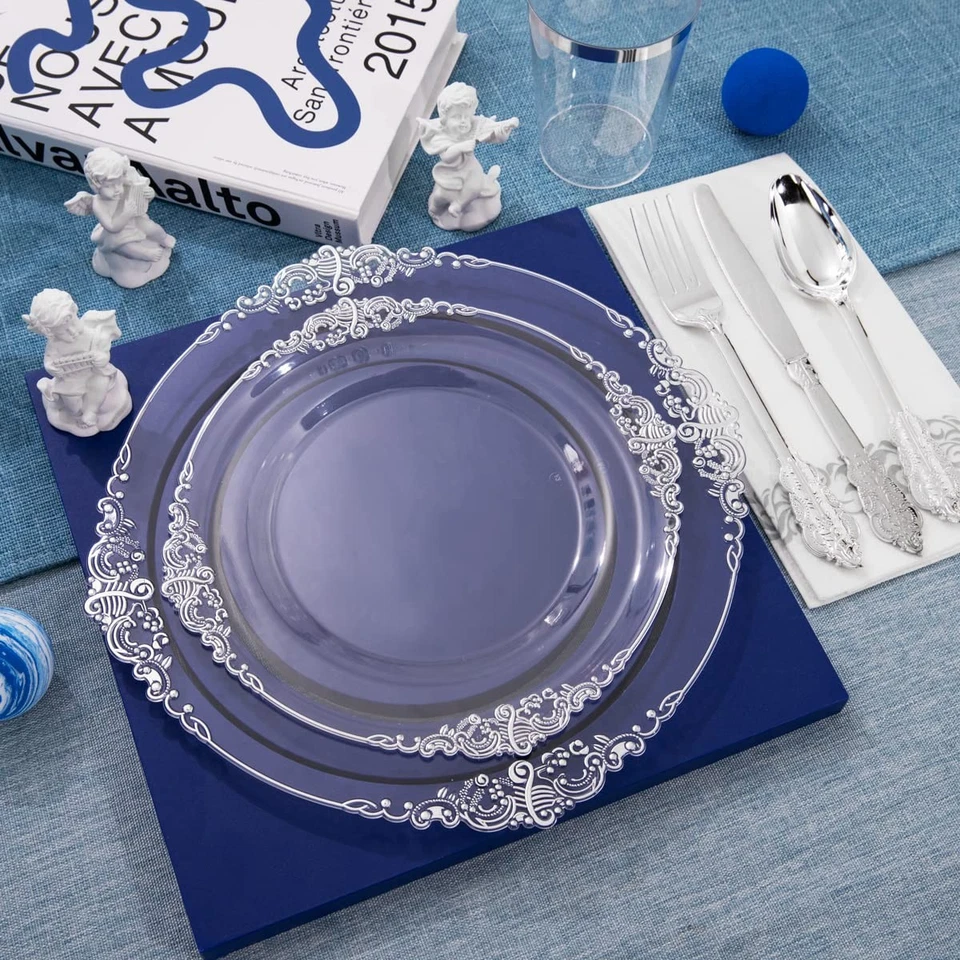 175 PIEZAS Placas de Plástico Plateado Transparente -Incluye 50 Platos, 25 Tazas, 25 Horquillas, 25... Foto 3 de 4