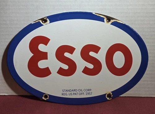 VINTAGE 1957 DATED ESSO GASOLINE LOGO MOTOR OIL 11.75” PORCELAIN GAS SIGN