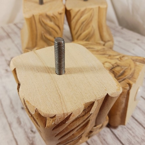 VTG Carved Block Wood Finished Blonde 4 Furniture Legs Screw On Floral/Palm 5" - Picture 8 of 9