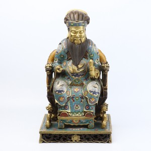Antique Chinese Cloisonne Gilt Bronze God of Wealth Statue with Dragon