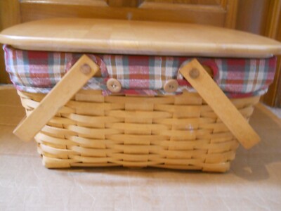 Longaberger 2001 Hostess Homecoming Basket with Lid, Protector & Plaid Liner