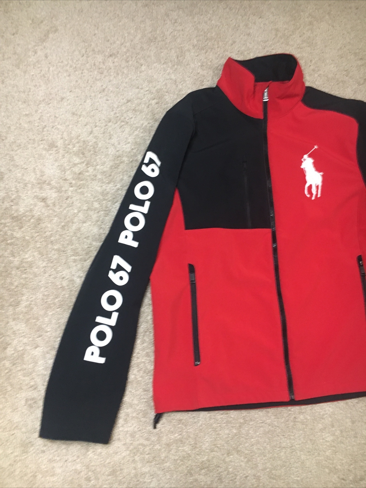 Polo Ralph Lauren rosso nero grande polo pony 67 giacca morbida da uomo taglia L in perfette condizioni