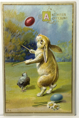 Easter Postcard Bunny Rabbit Hare Eyes Up Plays The Diabolo Chicks E. Nash Publ