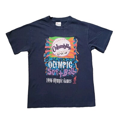 Vintage Olympic Games T Shirt Womens Medium Blue Softball 1996 Columbus USA