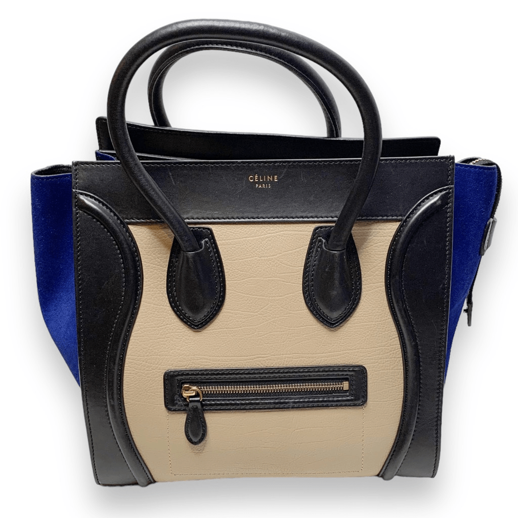 CELINE Tri-Color, Tan Calfskin Leather, Blue Suede, Black Trim