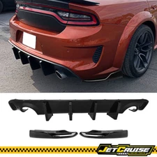 Fits 20-23 Charger Widebody Gloss Black Rear Bumper Lip Diffuser + Apron Spat PP